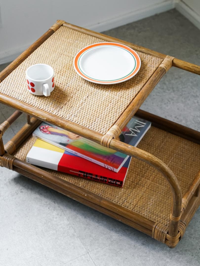 80-90's vintage ワゴンテーブル 藤 ラタン レトロモダン