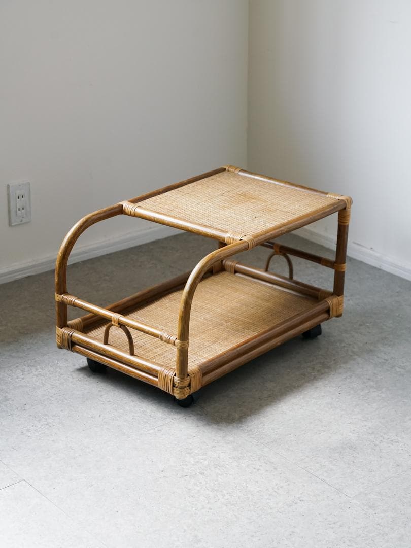 80-90's vintage ワゴンテーブル 藤 ラタン レトロモダン