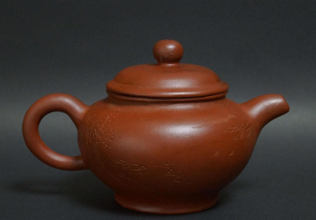 煎茶道具 宜興 山水主人 孟臣造 細工彫り『山水漢詩文』急須 紫砂壷 ★時代物★