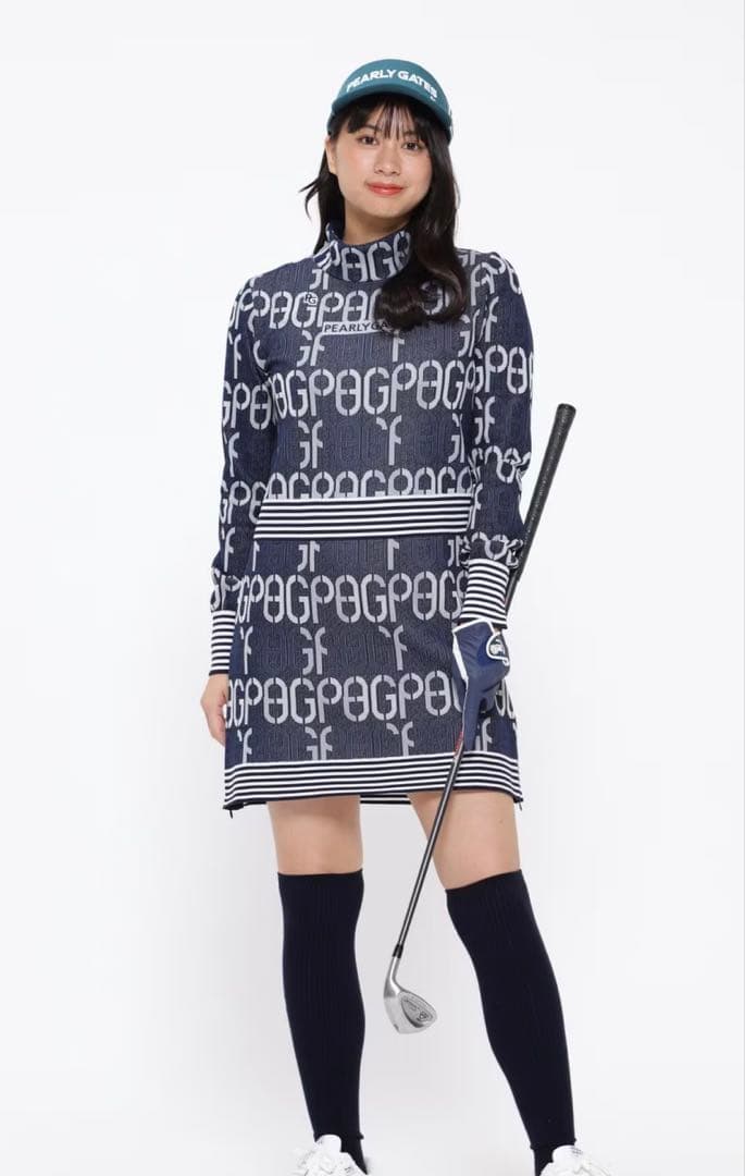 未着用☆パーリーゲイツアモッサロゴジャガード ニットワンピース PGクサリ柄