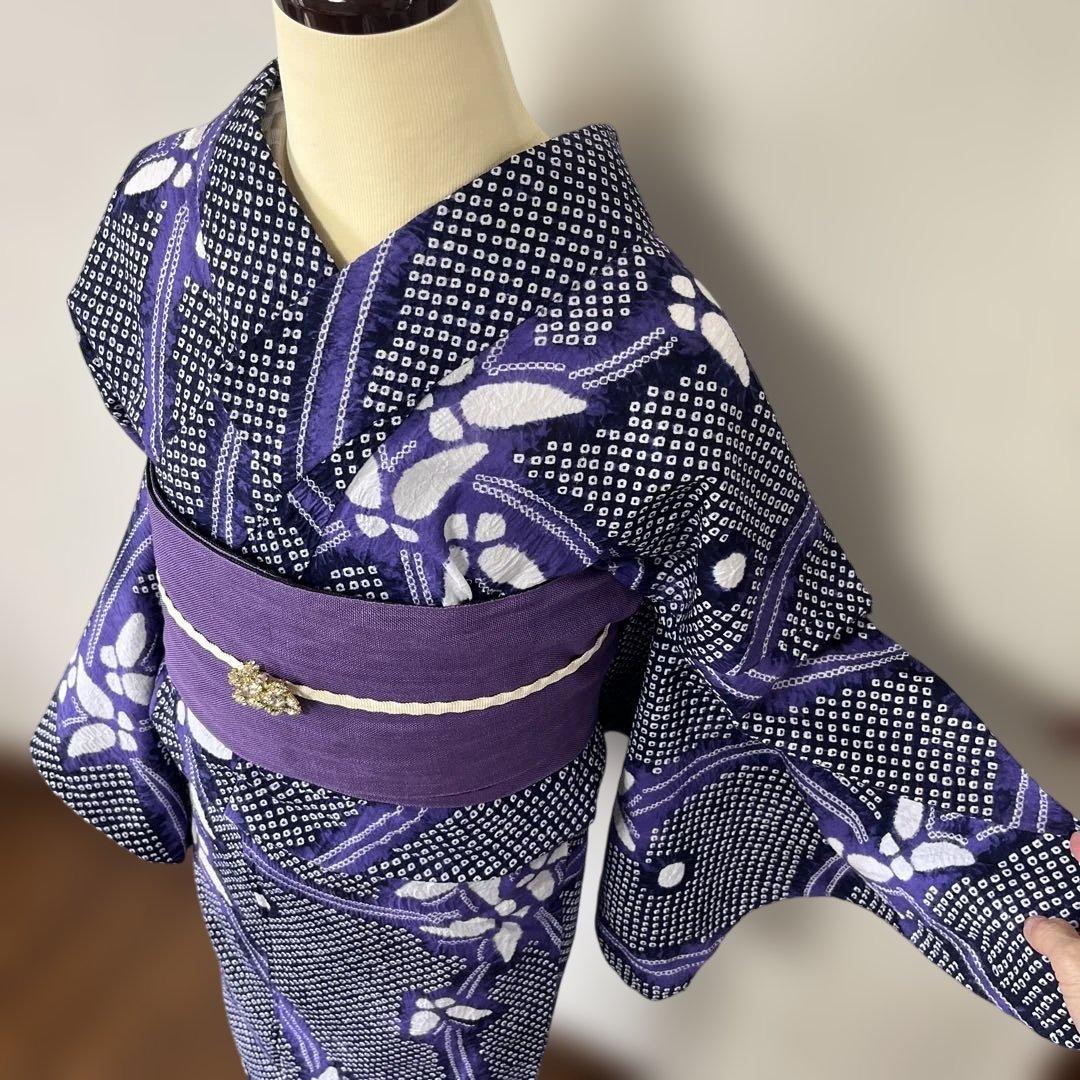 a-06 有松絞り　浴衣　紫　蝶々　裄68 良品