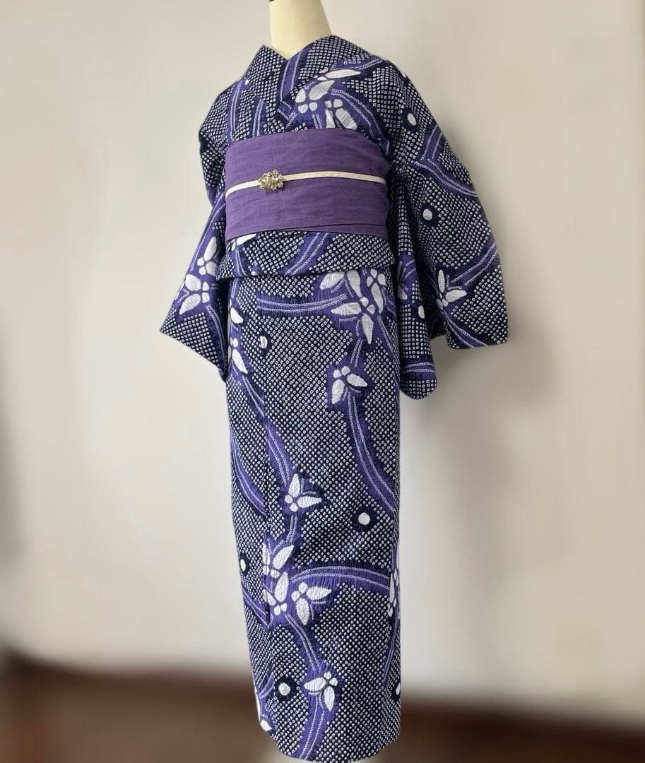 a-06 有松絞り　浴衣　紫　蝶々　裄68 良品