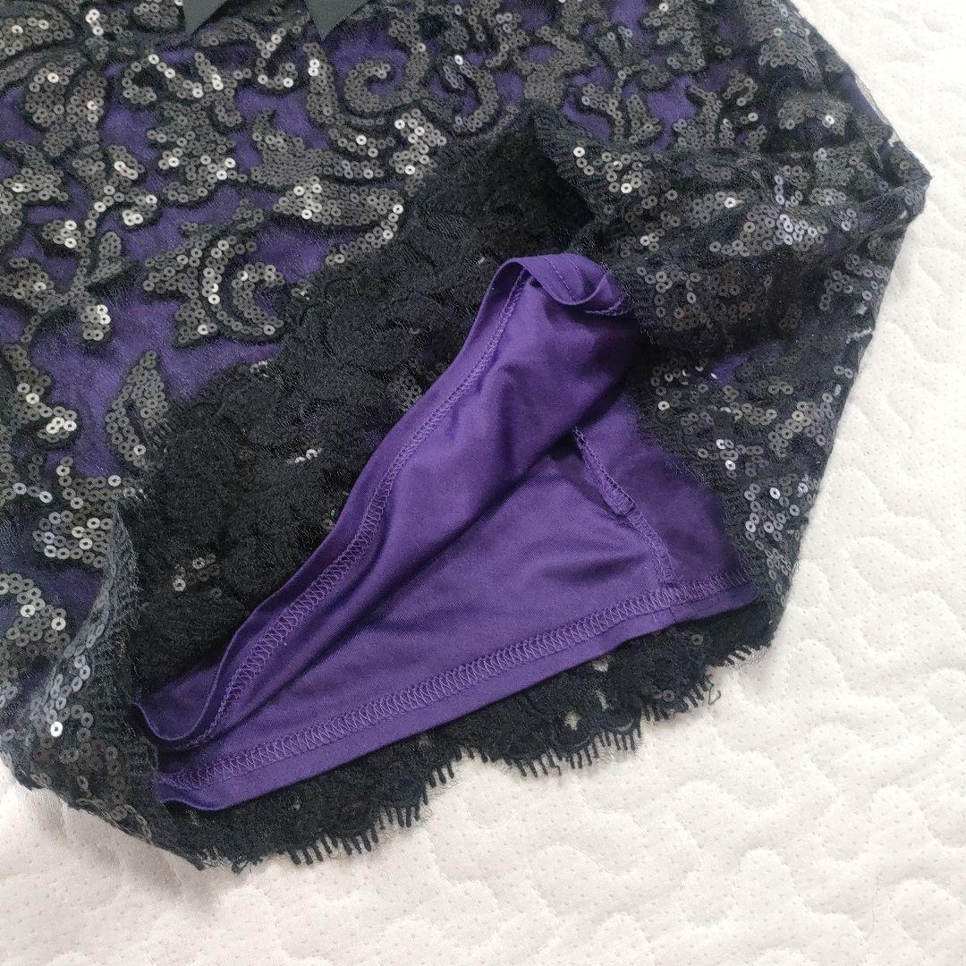 美品✨タダシショージ　レース×スパンコール　ワンピースドレス　ベルト　黒×紫