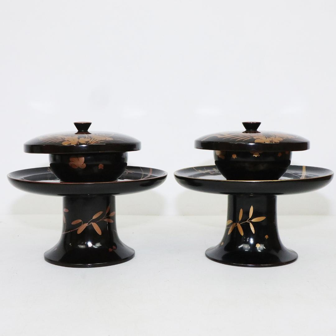 四君子蒔絵 黒腰高茶台 漆 一対　共箱 天目台 黒塗