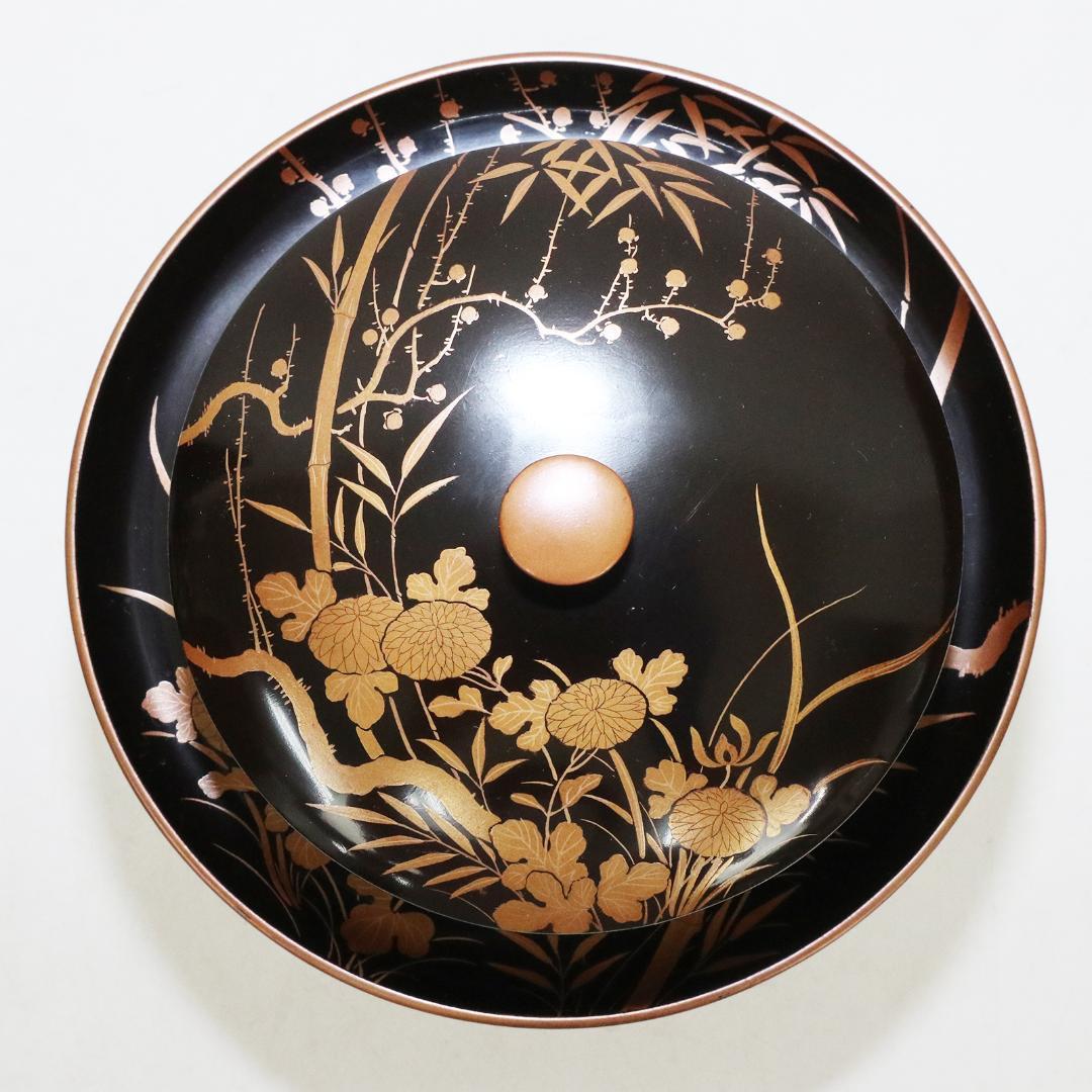 四君子蒔絵 黒腰高茶台 漆 一対　共箱 天目台 黒塗