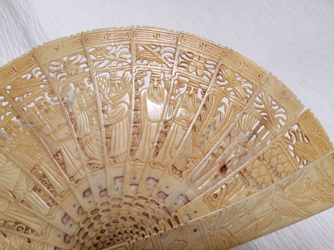 彫り　扇子　鹿　角　骨董　福　神　縁起物