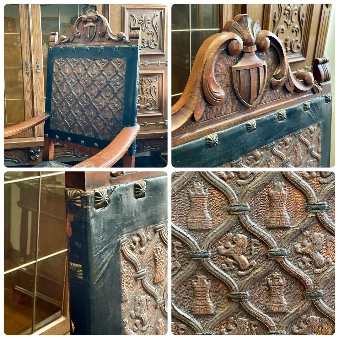 r106 スペイン製 本革型押し 迫力のある力強い印象のアンティークチェア2脚