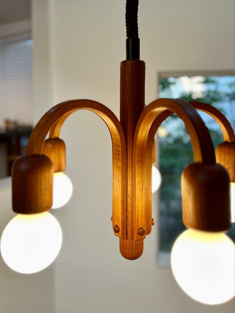 独1970年代　DOMUS　チーク無垢材　ヴィンテージ・5灯シャンデリア　美品