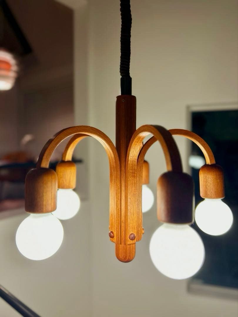 独1970年代　DOMUS　チーク無垢材　ヴィンテージ・5灯シャンデリア　美品