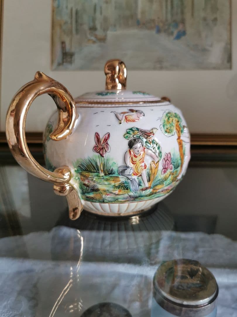 アンティークイタリア カポディモンティ 子供と天使と鳥 収穫 ラージティーポット