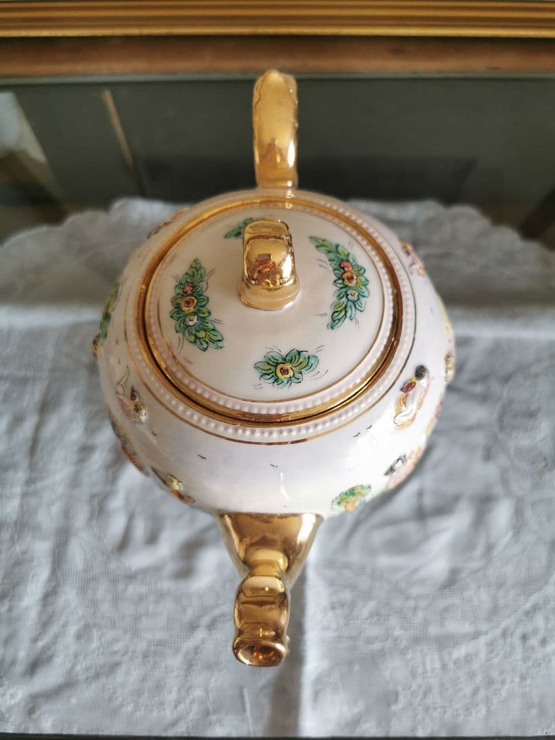 アンティークイタリア カポディモンティ 子供と天使と鳥 収穫 ラージティーポット