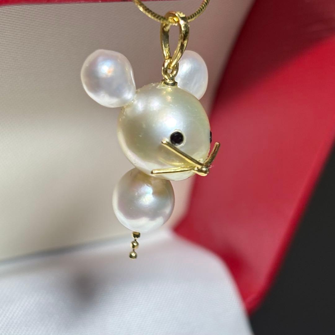 P04 K18　ケシ　白蝶真珠　ネズミ　あこやパール　ペンダント　ブラックダイヤ