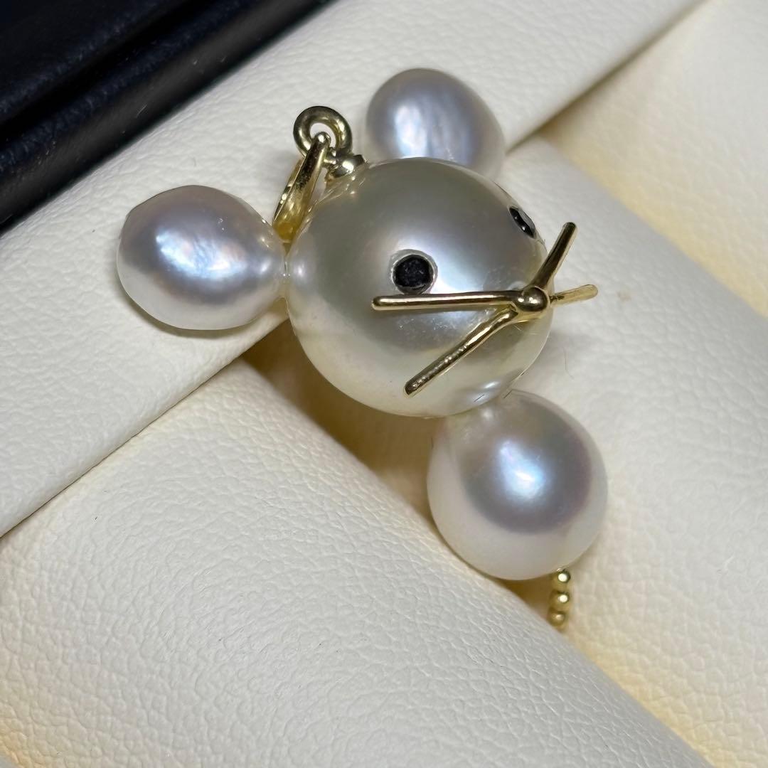 P04 K18　ケシ　白蝶真珠　ネズミ　あこやパール　ペンダント　ブラックダイヤ