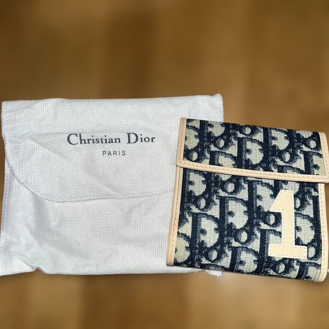 美品匿名Christian Dior クリスチャンディオール三つ折り財布ネイビー