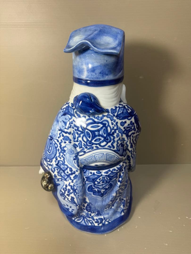 2625 九谷焼　八幡窯　菊仙　染付　寿老人　縁起物　置物　美品