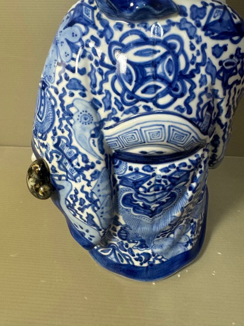 2625 九谷焼　八幡窯　菊仙　染付　寿老人　縁起物　置物　美品