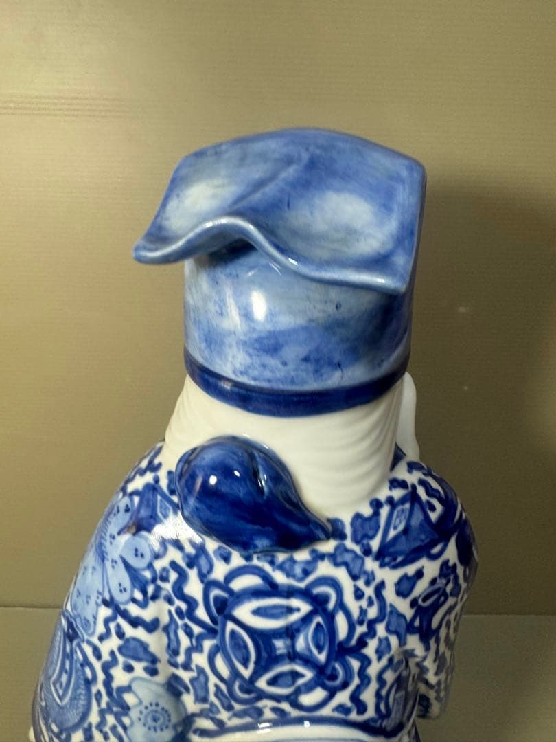 2625 九谷焼　八幡窯　菊仙　染付　寿老人　縁起物　置物　美品