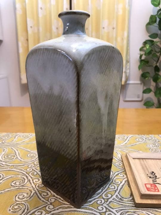 人間国宝 島岡達三作 掛合釉象嵌縄文方壷(共箱付)