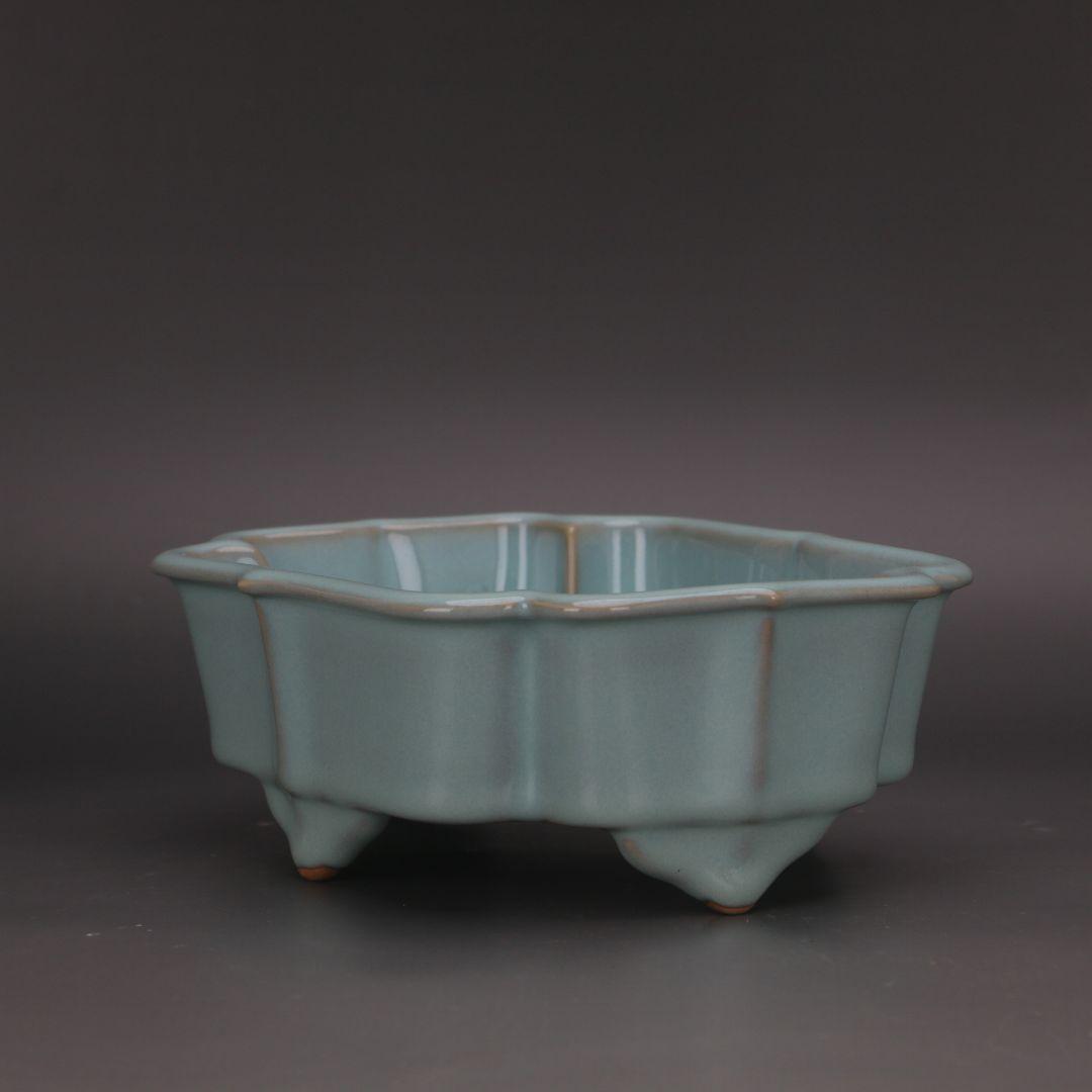 宋汝窯天青釉多方洗四足盆 文房具 書道具 文房具 現代工芸品美術品 置物