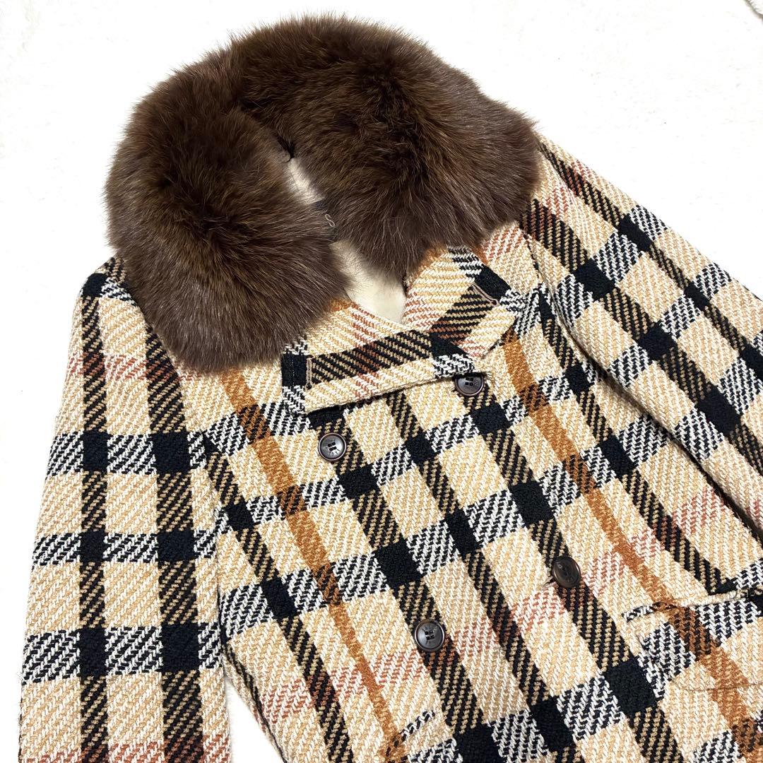 DAKS ダックス ロングコート チェック ファー付　38サイズ