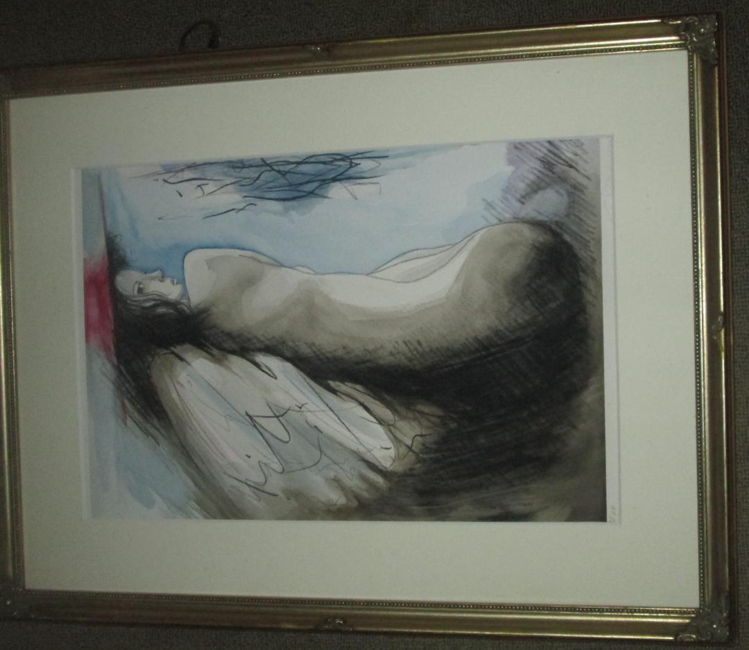 ■平野末光作　リトグラフ　仮題　裸婦　9/30　木製ガラス額　美品　■