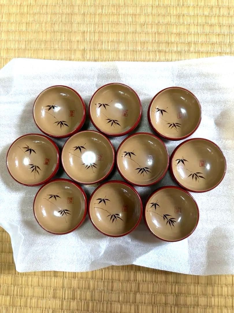 【輪島塗】赤色 漆器 杯 竹模様 10個セット