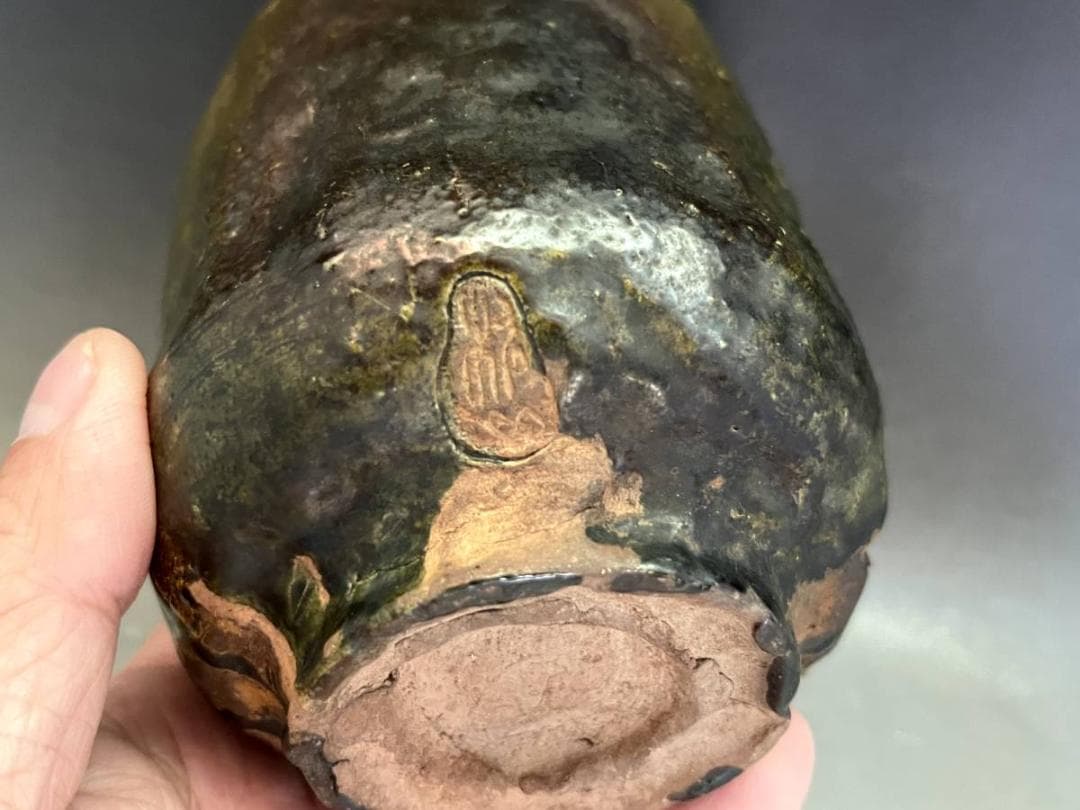 湯飲み■時代物 達摩図緑釉筒茶碗（江戸期）古織部 湯呑 箱入り 時代物 骨董品■