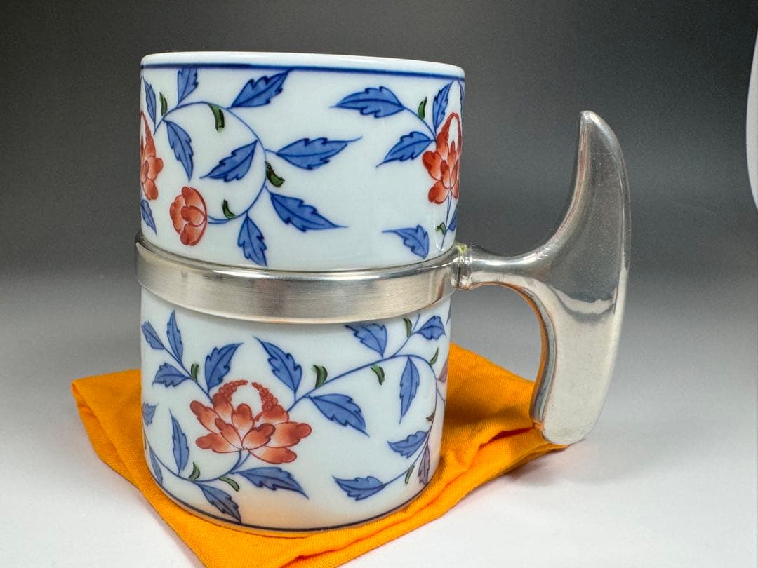 源右衛門窯 染錦花唐草 麦酒杯 共箱 黄布 源右衛門 是米木窯 有田焼 陶器