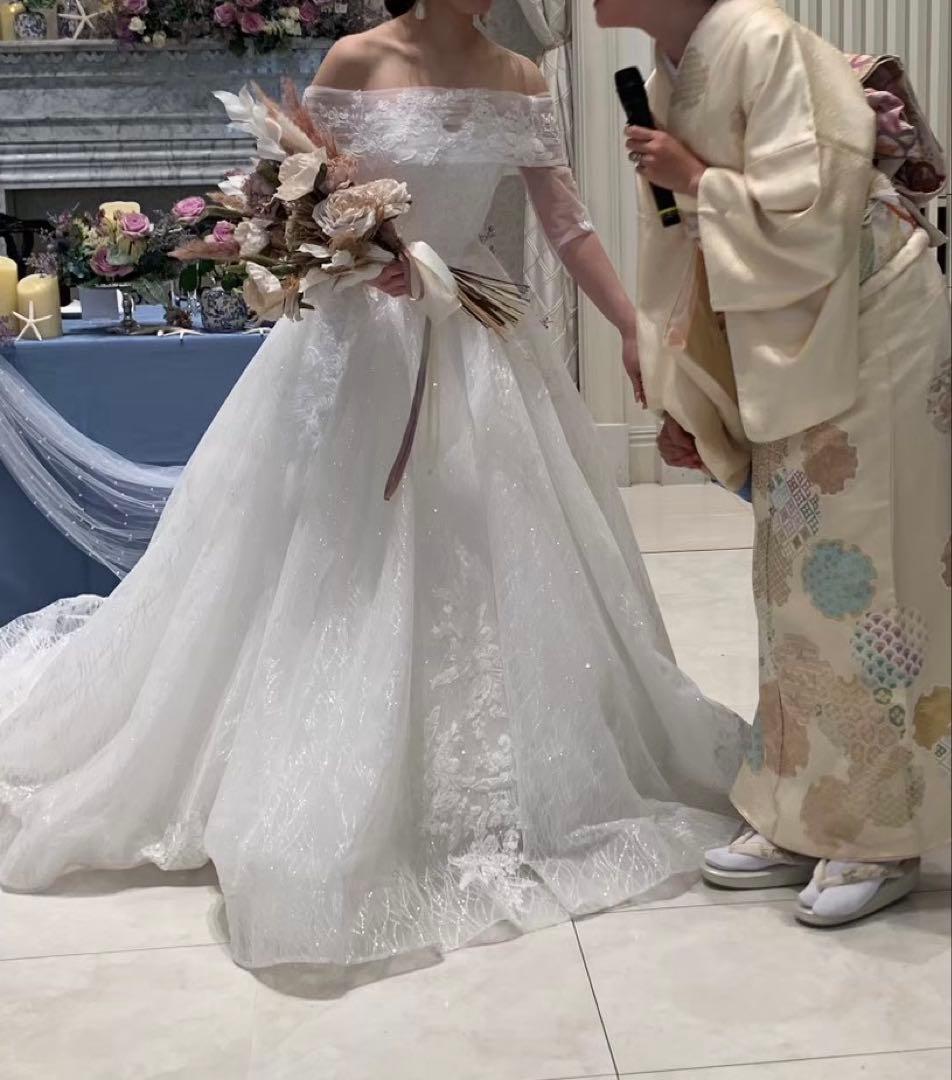 YNS ウェディングドレス パニエ、ベール、オフショルダー付