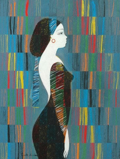 油絵 菅家令子 絵 絵画インテリア額付(青緑＋金色の枠)uF6-030214女性