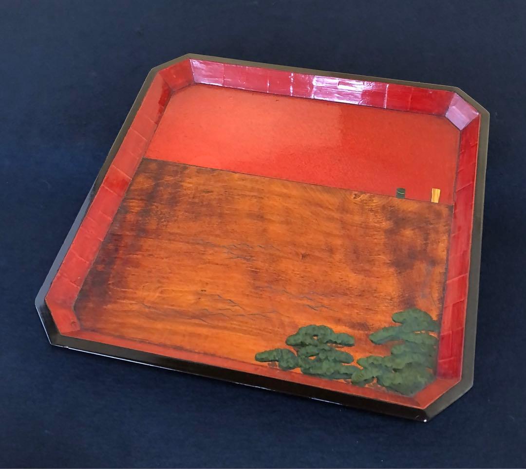 《R》伝統工芸 讃岐彫盆 四方盆 隅切 在銘 刳抜 共箱　250707E1