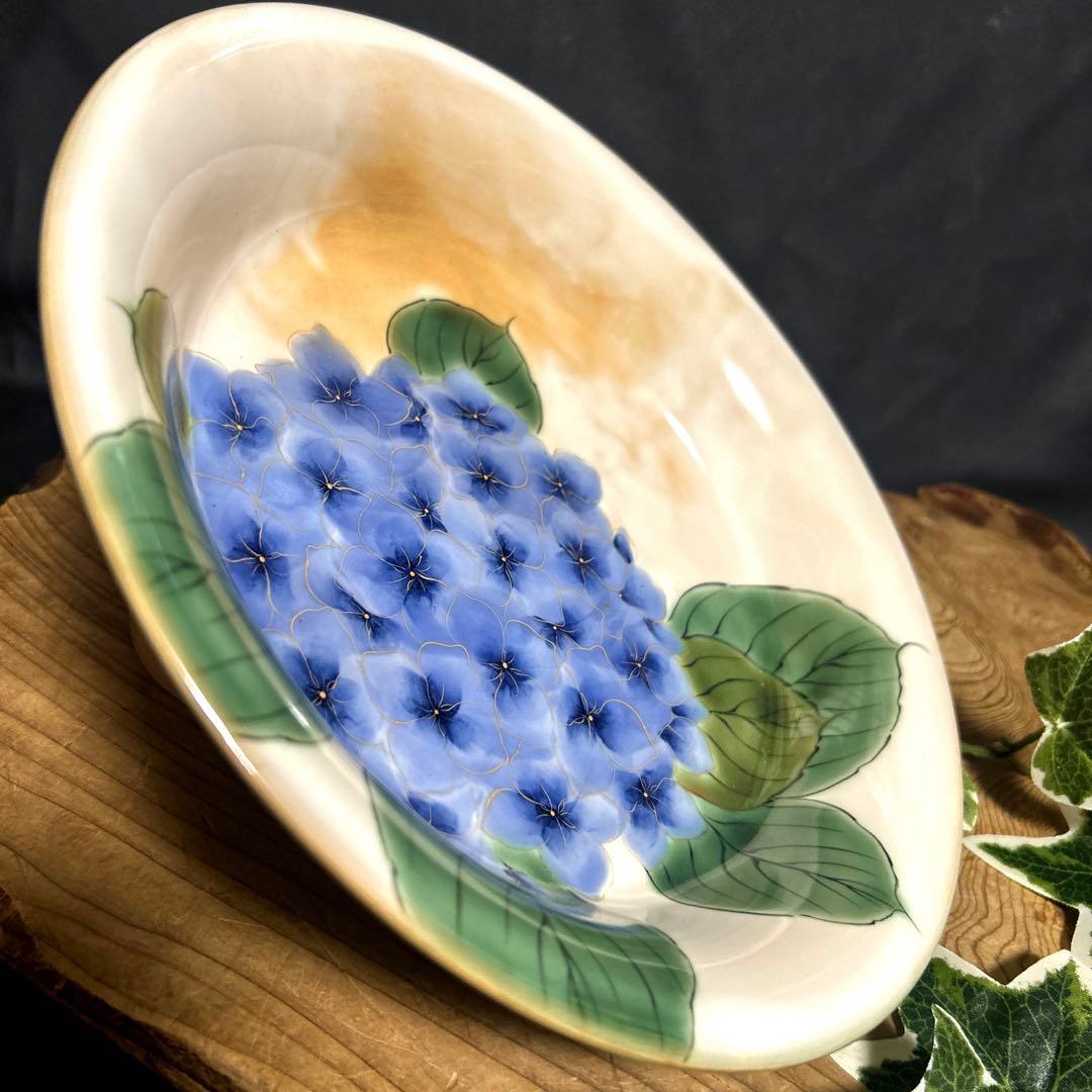 未使用　清水焼　京焼 土渕陶葊　陶あん　陶葊窯 絵付け　金彩　紫陽花　大皿　絵皿