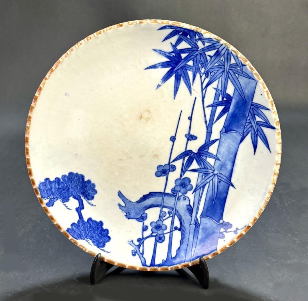 江戸時代 古伊万里 古染付上村印判松竹梅文大皿 約直径30.5cmWWTT167