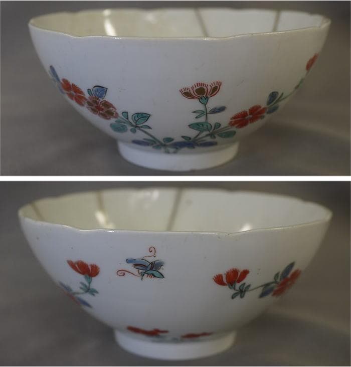 古伊万里　色絵　碗　鉢　柿右衛門手　撫子文　色絵五弁花見込　本錫補修