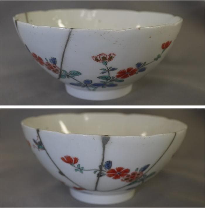 古伊万里　色絵　碗　鉢　柿右衛門手　撫子文　色絵五弁花見込　本錫補修