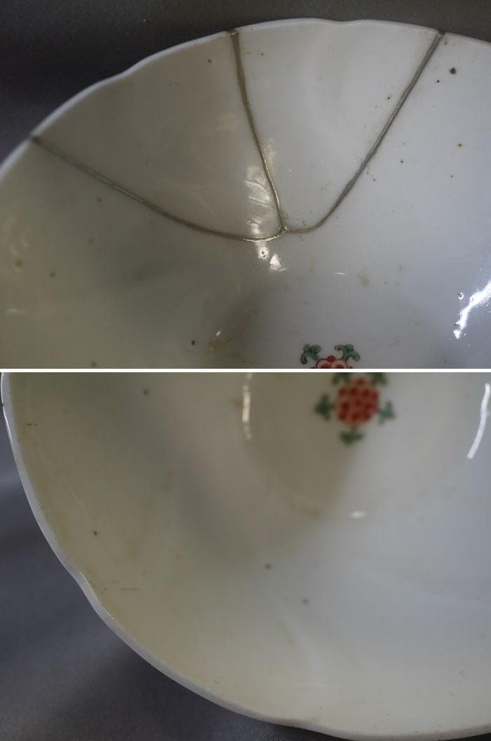 古伊万里　色絵　碗　鉢　柿右衛門手　撫子文　色絵五弁花見込　本錫補修