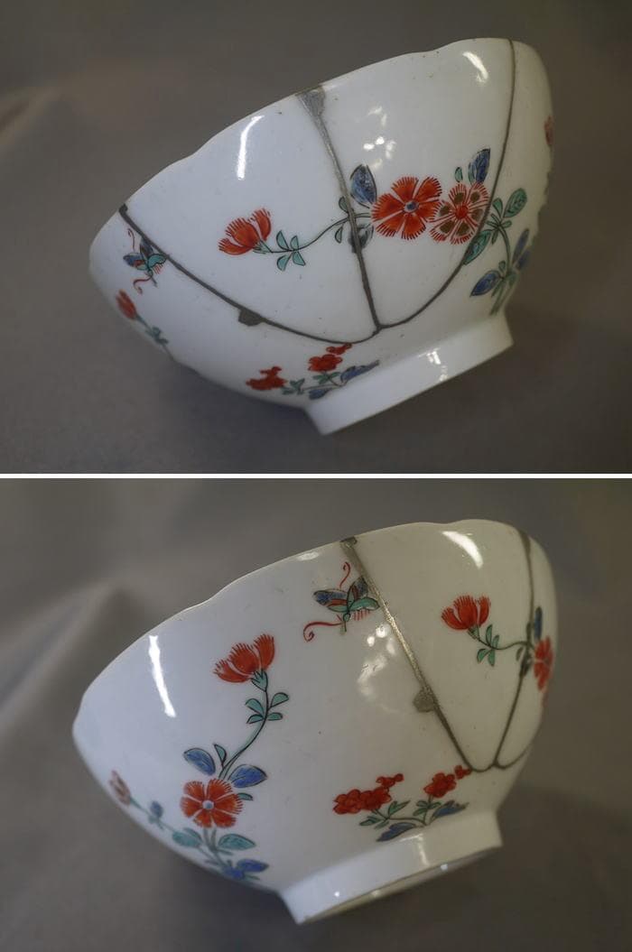 古伊万里　色絵　碗　鉢　柿右衛門手　撫子文　色絵五弁花見込　本錫補修