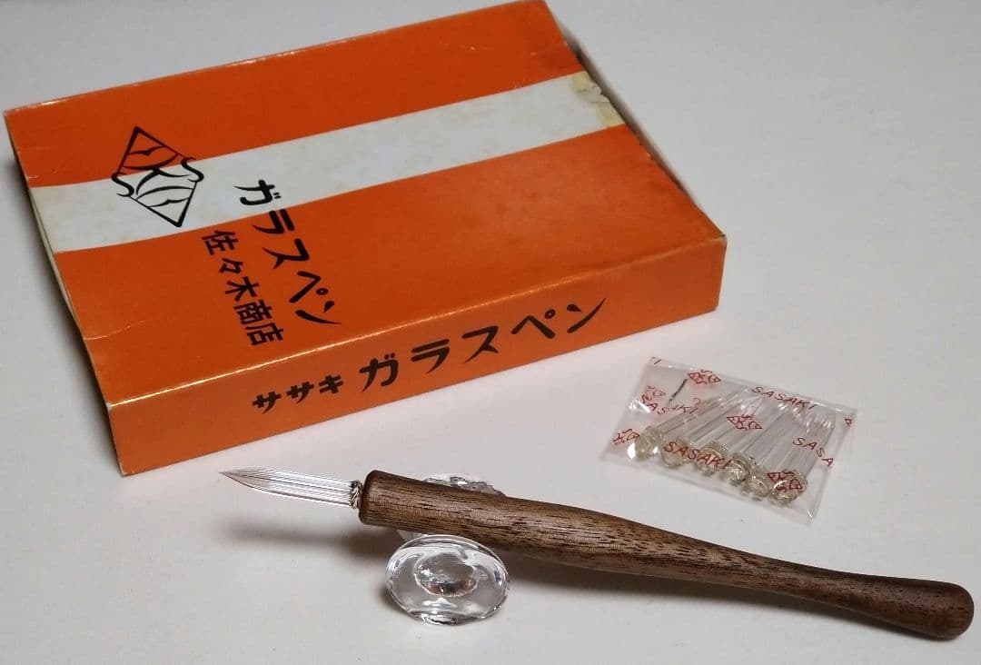 佐々木ガラスペン替先（細字•水晶6本入）/木製ペン軸セット