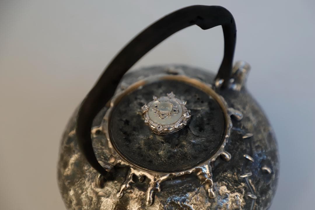 純銀製 平丸形 鎚目打 湯沸 湯沸 銀瓶 煎茶道具