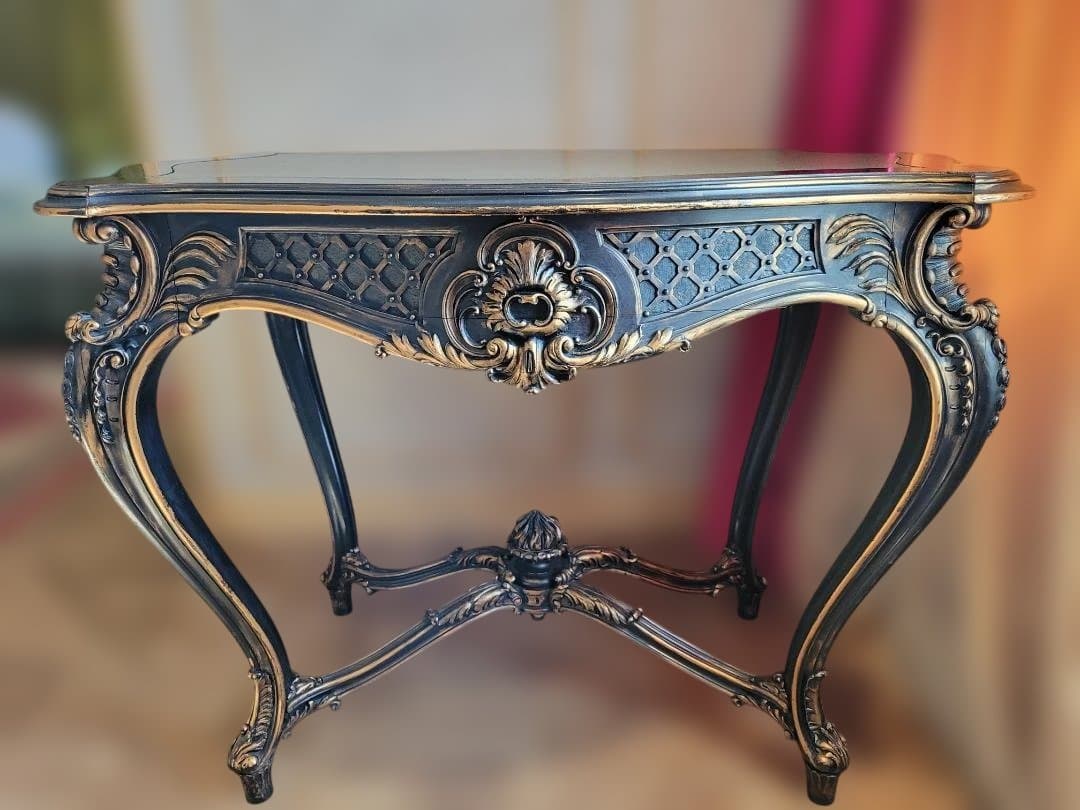 テーブル　フランス　アンティーク　ロココ様式　木製　猫脚　黒　金　レザートップ