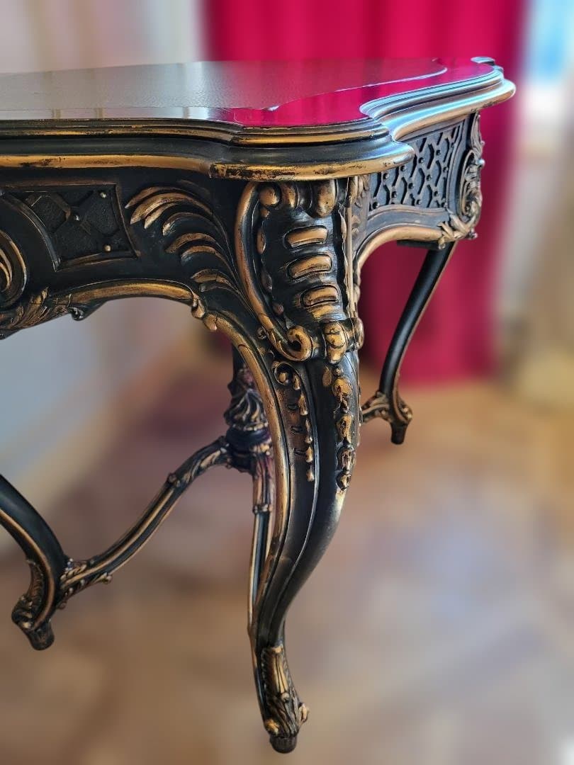 テーブル　フランス　アンティーク　ロココ様式　木製　猫脚　黒　金　レザートップ