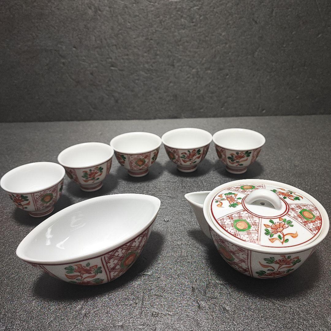 煎茶道具　有田　宝瓶　玉露　小茶器7点セット　グリーン玉赤絵　金彩　仙月