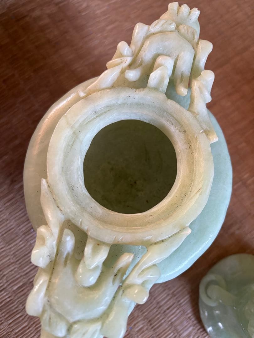 中国美術 玉製 龍彫刻 香炉 台座付き 古美術 置物