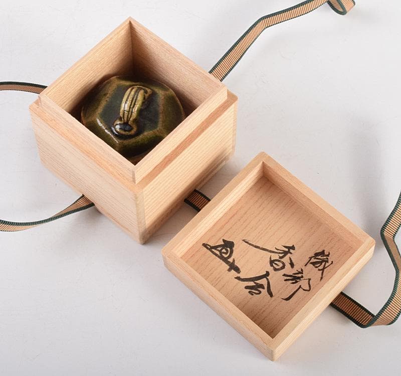 茶道具　織部焼　はじき織部　香合　極め箱　M　R4917