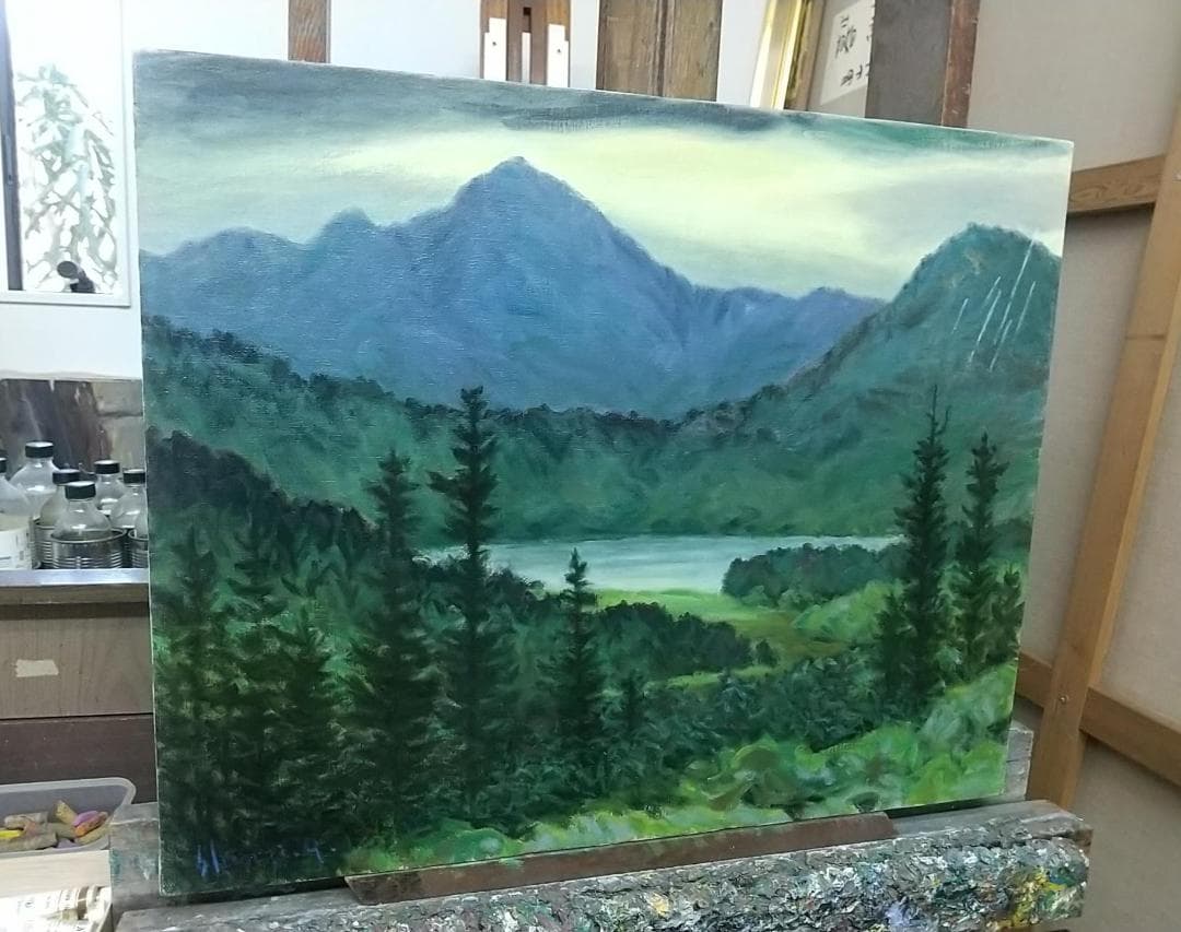 F15「雨の山湖」2002 平成14年 油絵 絵画