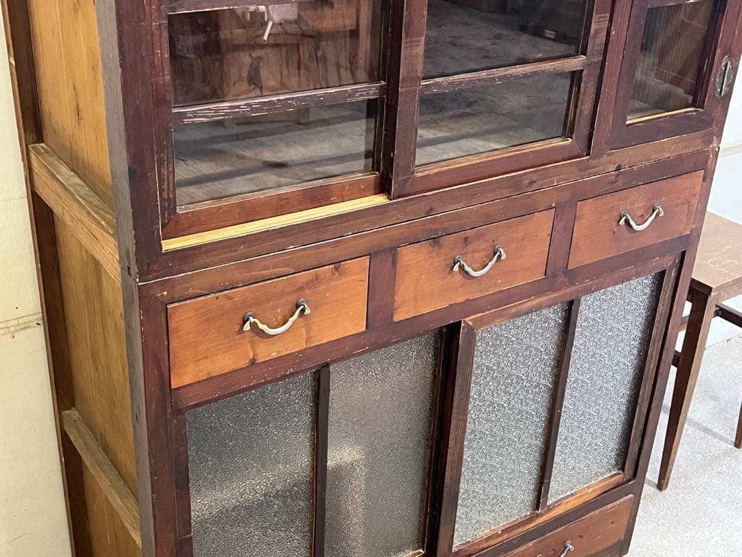 s*n様 アンティーク木製 ガラス戸棚 水屋箪笥レトロ 二段式食器棚