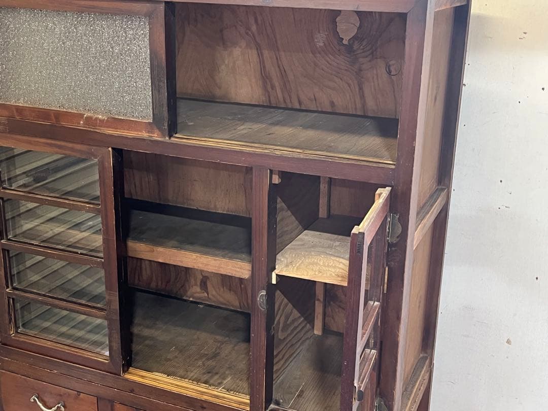 s*n様 アンティーク木製 ガラス戸棚 水屋箪笥レトロ 二段式食器棚