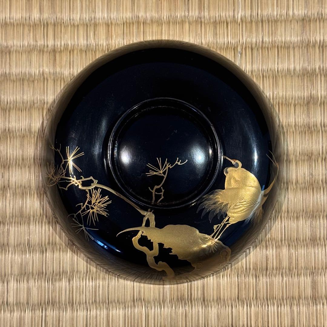 はなさん　輪島塗 松鶴図金蒔絵 黒漆 吸物椀 3客