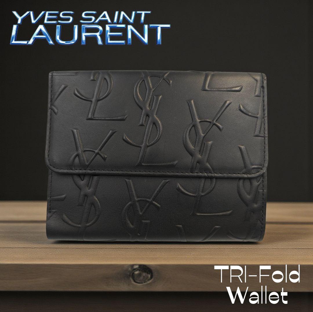 極美品✨Yves Saint Laurent レザー がま口 三つ折り財布 黒