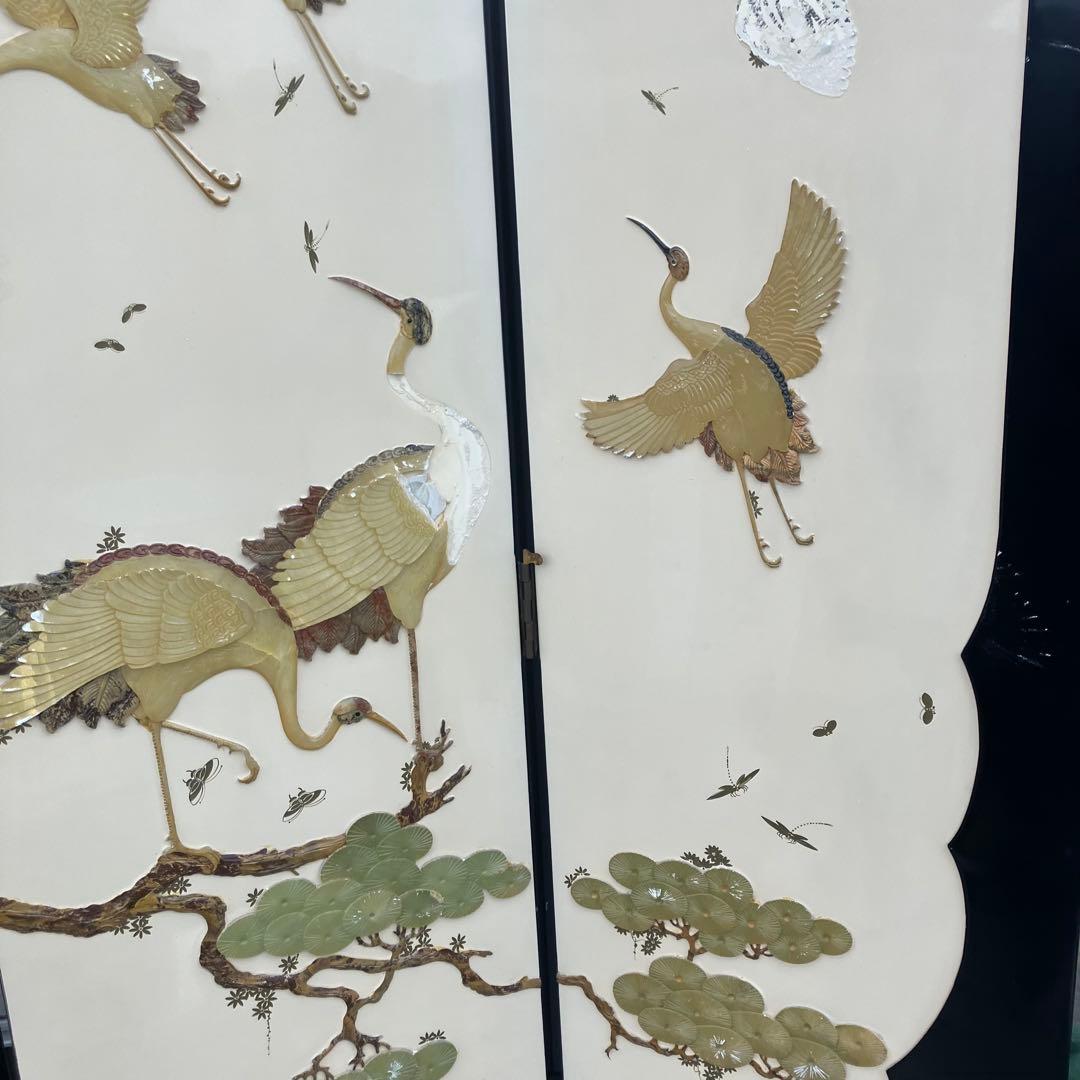 中国骨董 天然石細工 松 鶴 とんぼ 古典画装飾 木製 4連屏風 衝立 間仕切り